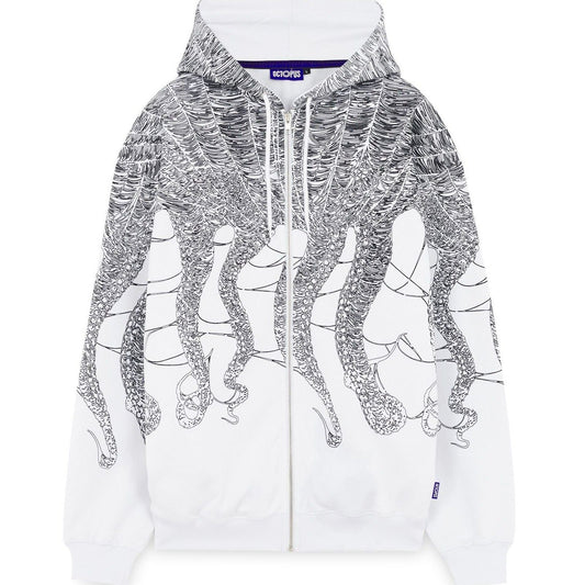 Sweats à capuche pour hommes Octopus - Sweat à capuche zippé Octopus Cobweb par Luca Devinu - Blanc