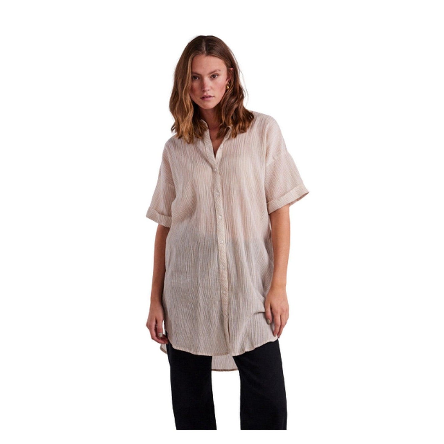 Pieces Damen-Hemden – Pcterra Ss Long Shirt Noos Bc – Beige