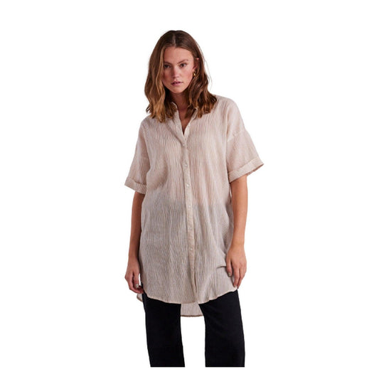 Pieces Damen-Hemden – Pcterra Ss Long Shirt Noos Bc – Beige