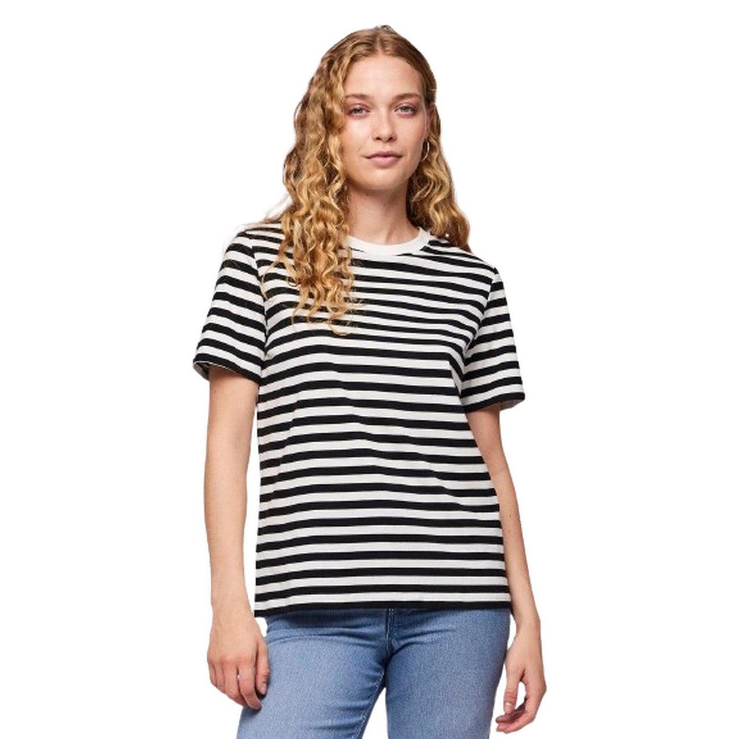 Damska koszulka Pieces - Pcria Ss Tee Stripes Noos Bc - Czarna