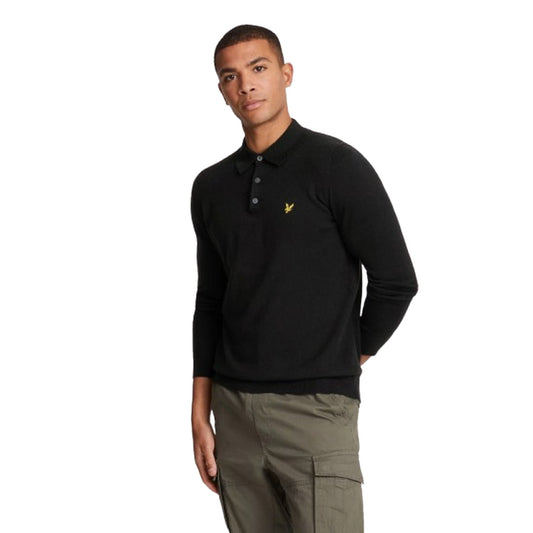 Lyle & Scott Chemises à manches longues pour hommes - Tricot à manches longues en coton mérinos - Noir