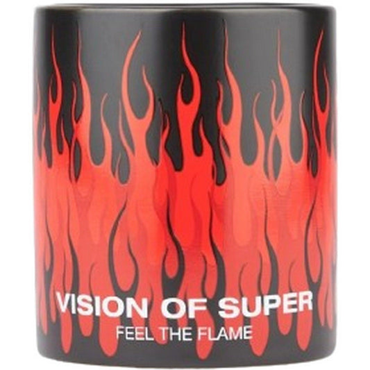 Vision of Super Unisex-Kaffeetassen und -Becher – Schwarze Tasse mit dreifachen Flammen und Logo-Aufdruck – Schwarz