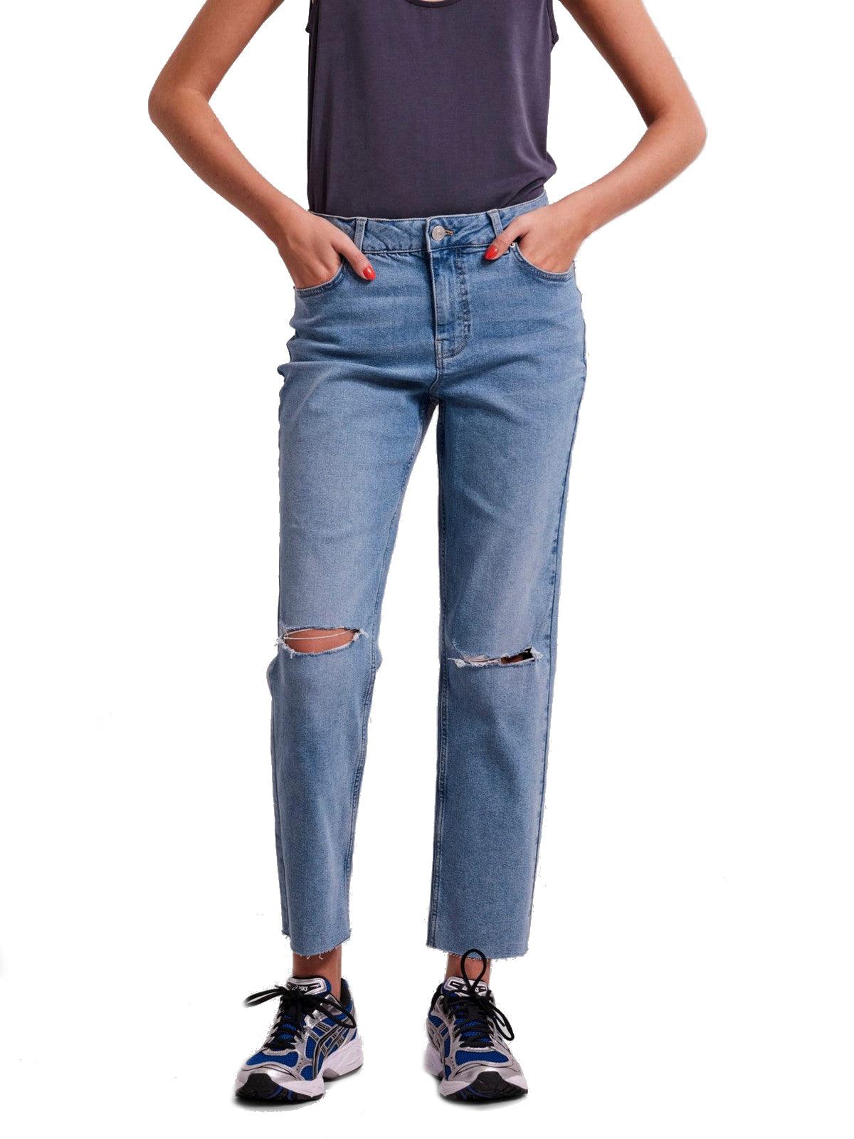 Pieces Damskie jeansy - Pcluna Straight Mw Ank Dst Mb391 Noos - Niebieski
