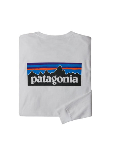 Koszule męskie z długim rękawem Patagonia – M's L/S P6 Logo ResponsibiliTee – Białe