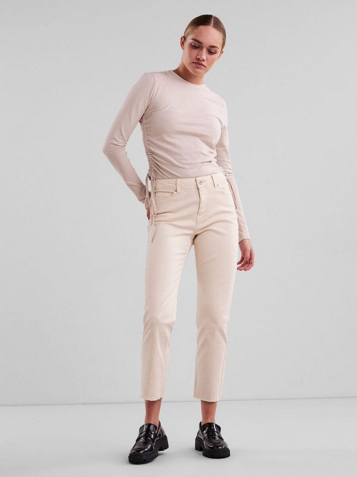 Pieces Dżinsy damskie - Pcleah Mom Hw Ank Wgra Noos Cp Bc - kość słoniowa