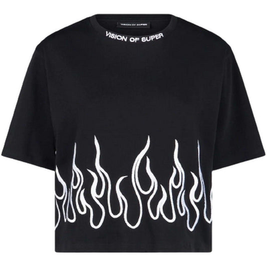 T-shirt Donna Vision of Super - Black T-Shirt With White Embroidered Flames - Nero