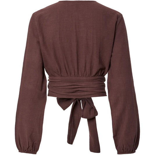 Camicie Donna Pieces - Pcagnes Ls Cropped Tie Top Wvn Bc - Marrone