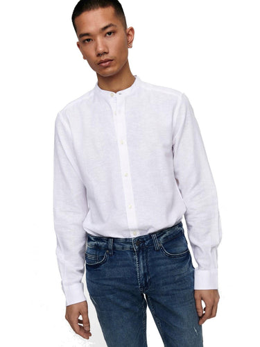Camisas casual hombre Only & Sons - Onscaiden Ls Solid Linen Mao Shirt Noos - Blanco