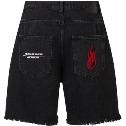 Pantaloncini Uomo Vision of Super - Black Denim Shorts With Printed Logo And Flames Pa - Nero