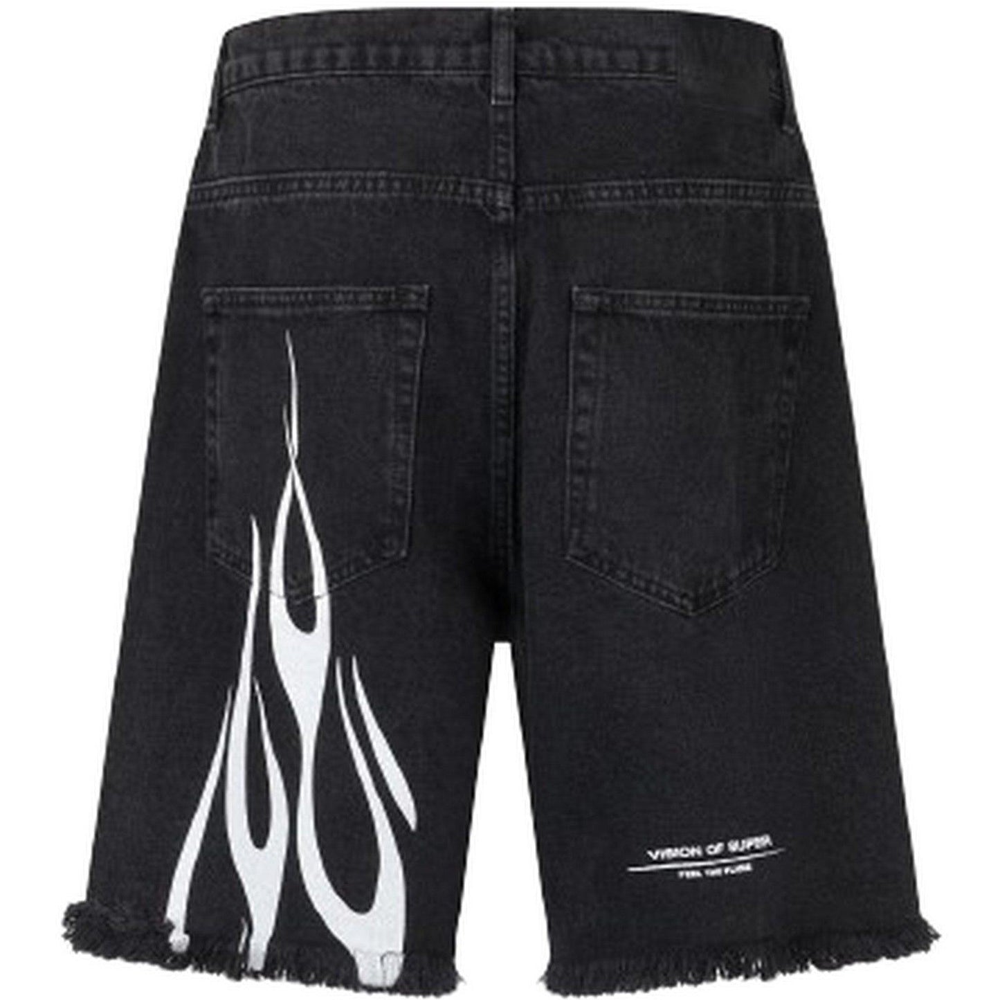 Pantaloncini Uomo Vision of Super - Black Denim Shorts With Printed Flames And Logo - Nero