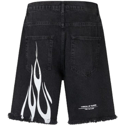 Pantaloncini Uomo Vision of Super - Black Denim Shorts With Printed Flames And Logo - Nero