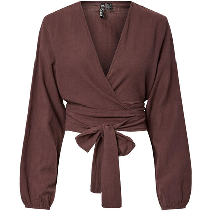 Camicie Donna Pieces - Pcagnes Ls Cropped Tie Top Wvn Bc - Marrone