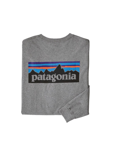 Koszule męskie z długim rękawem Patagonia – M's L/S P6 Logo ResponsibiliTee – Szare