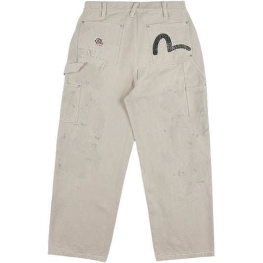 Pantaloni Uomo Evisu - Ej, Distressed Double Knee Pants - Bianco